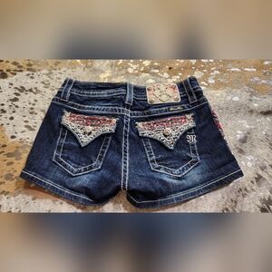 Miss Me Dark Blue Jean Shorts with Embroidered Pockets